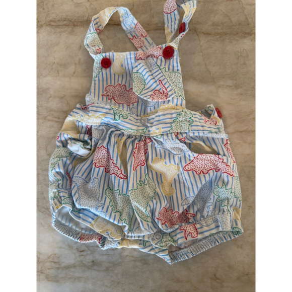 Offspring Other - Vintage Baby Offspring Overalls 12 Months White Blue Striped Dinosaur Print